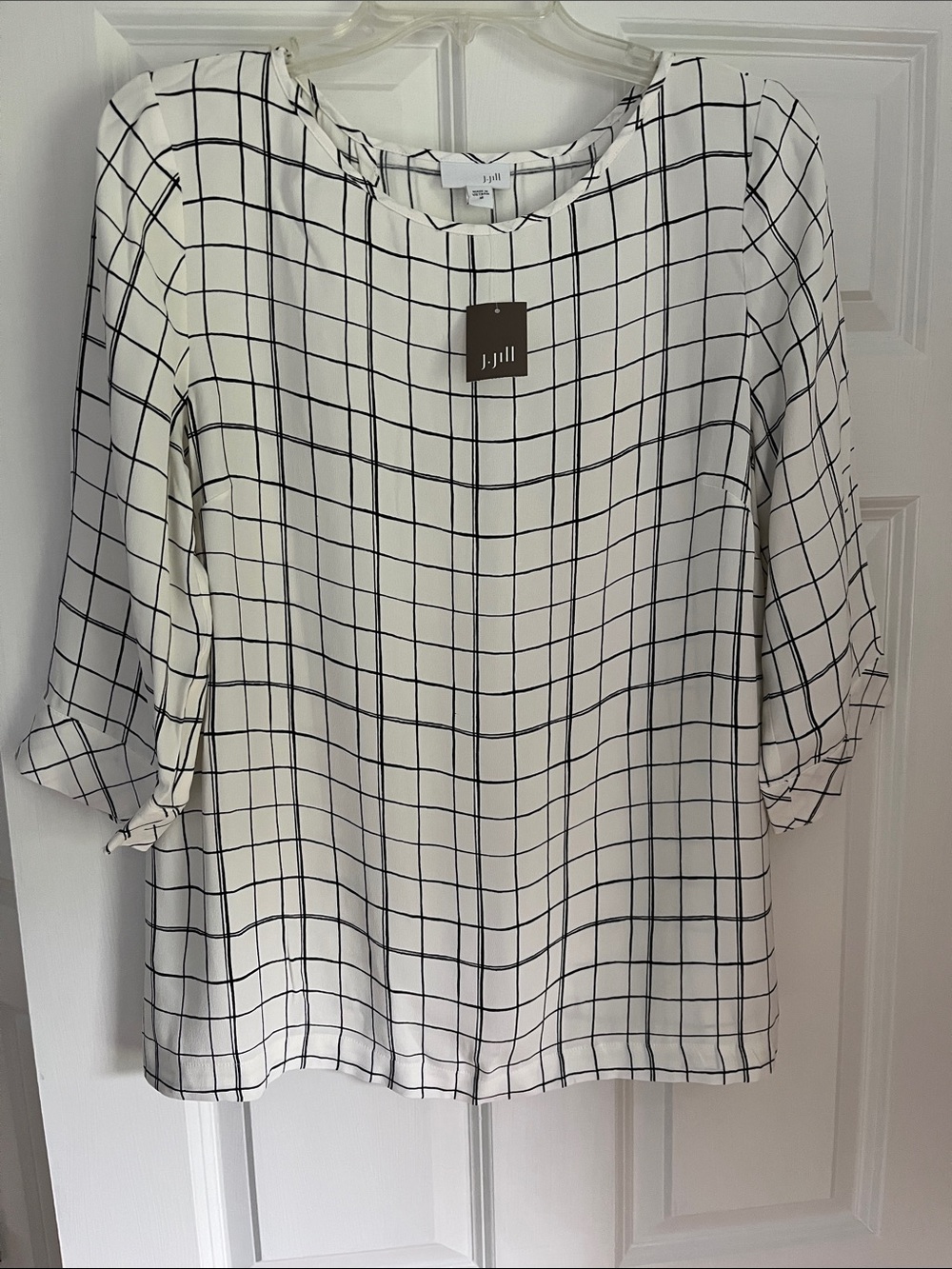 NWT J. Jill Cream Blouse with Black Windowpane Grid
